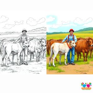 A farm dog helping a farmer round up cattle.