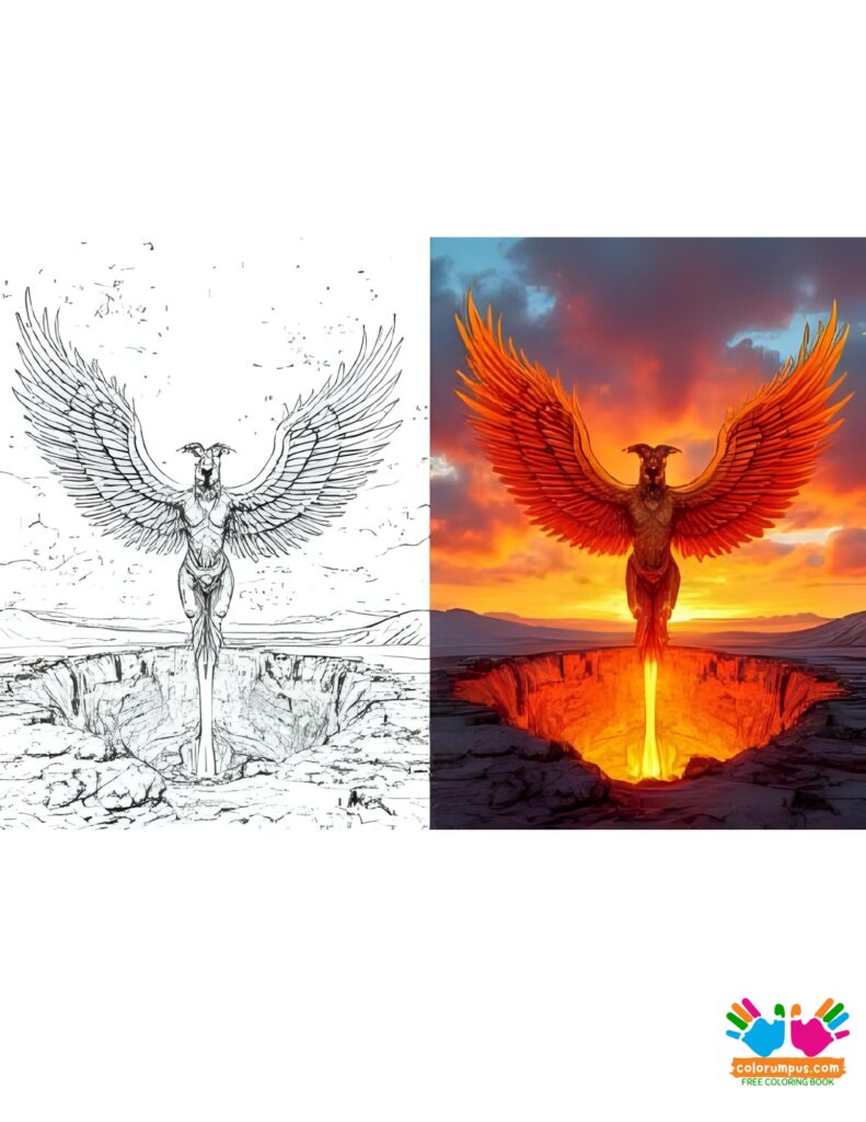 A fire-winged harpy rising from a burning volcanic crater.