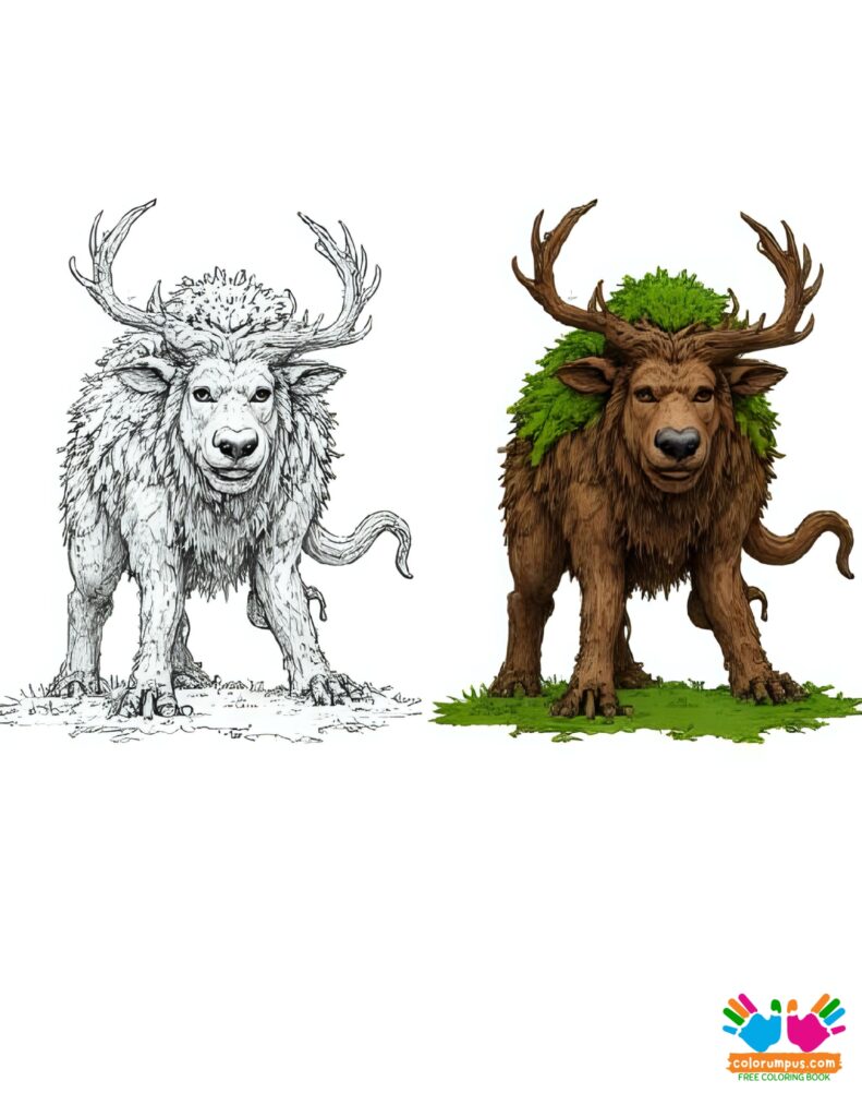 A forest guardian beast made of bark and moss, with antlers like twisted roots.