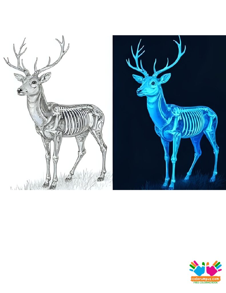 A ghostly stag with transparent skin, revealing bones that glow faintly in the dark.