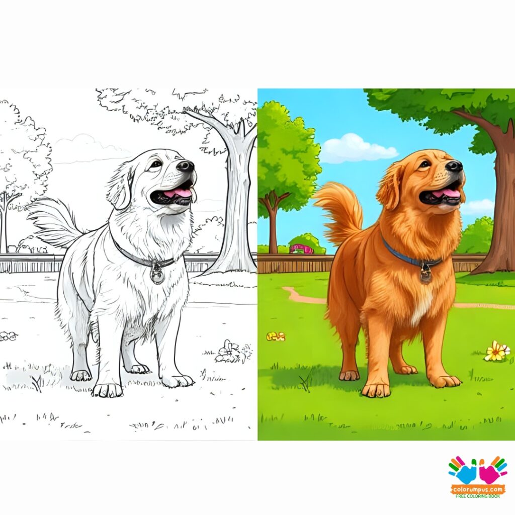 A golden retriever joyfully playing fetch in a sunny park.