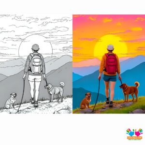 A hiker and their dog at the peak of a mountain during sunrise.