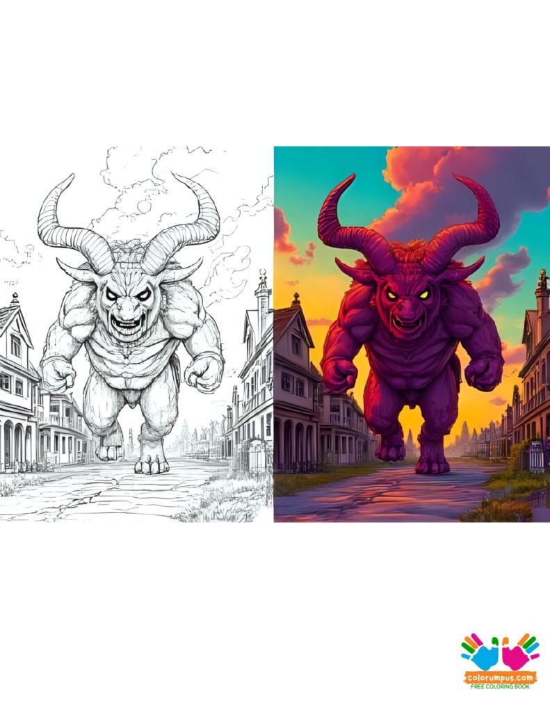 A horned beast of mist and smoke prowling through a haunted village.