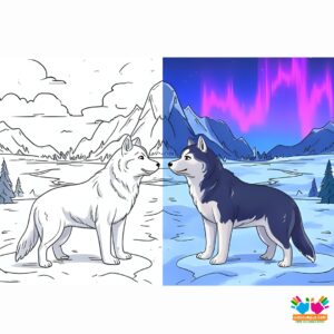 A husky in the snowy Arctic with auroras overhead.