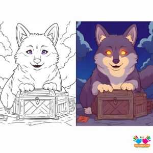 A magical dog with glowing eyes guarding a treasure chest.