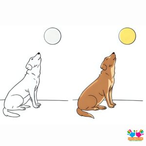 A minimalist line drawing of a dog howling at the moon.