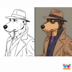 A noir-style detective dog in a trench coat and fedora.