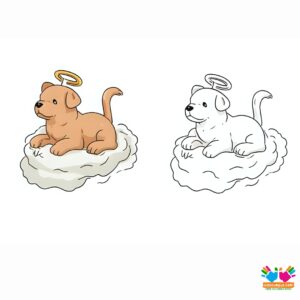 A pack of dogs floating on clouds with halos and wings.