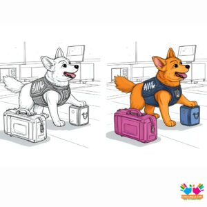 A police dog in a vest sniffing a suitcase at an airport.