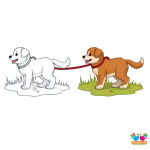 A puppy learning to walk on a leash for the first time.