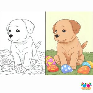 A puppy surrounded by Easter eggs.