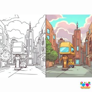 A robot dog exploring a futuristic city.