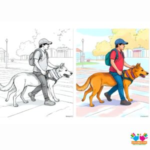 A service dog guiding a visually impaired person across a crosswalk.