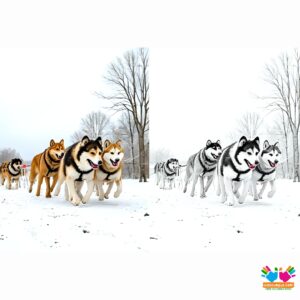 A sled dog team running across a snowy landscape.