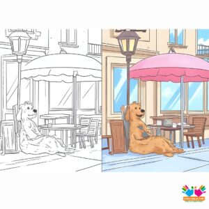 A street dog resting by a café in Paris.