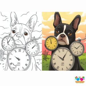 A surrealist portrait of a dog with melting clocks à la Dali.