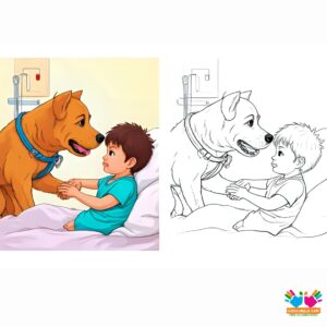 A therapy dog comforting a child in a hospital room.
