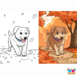 A watercolor painting of a dog running through autumn leaves.