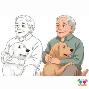 An elderly person smiling while petting a loyal old dog.