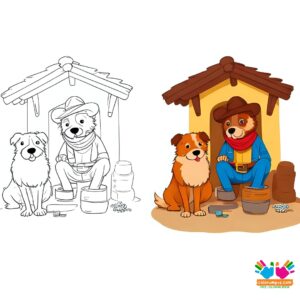 Cowboy and loyal dog sitting on a porch.