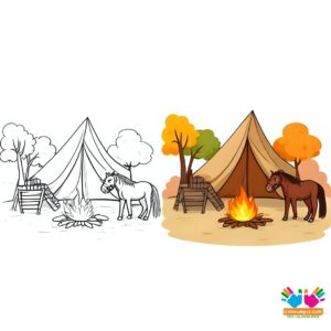 Cowboy camp setup with tent, fire, and horse tied nearby.