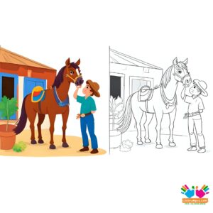 Cowboy feeding a horse at the stable.