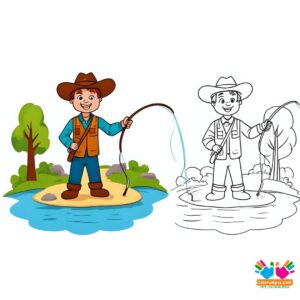 Cowboy fishing in a small creek.