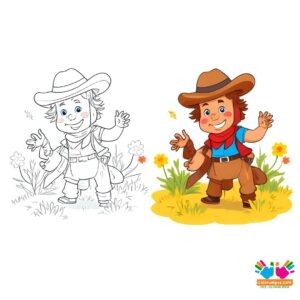 Cowboy in a grassy prairie with wind blowing.