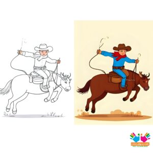 Cowboy lassoing a steer in mid-air.