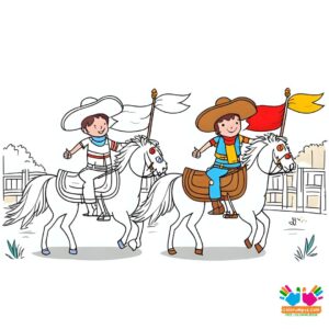 Cowboy parade with flags and banners.