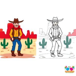 Cowboy passing a cactus field and red rock buttes.