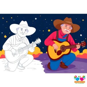 Cowboy playing a harmonica under the stars.