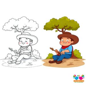 Cowboy relaxing under a tree, hat pulled down over eyes.