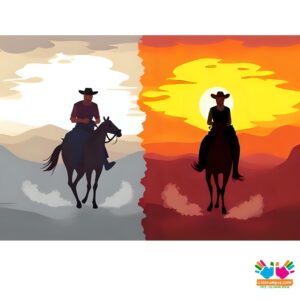 Cowboy riding into a desert sunset.