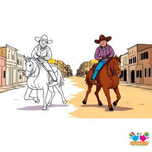 Cowboy riding through a ghost town.