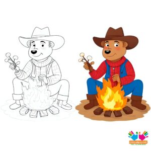 Cowboy roasting marshmallows by fire.