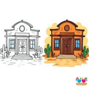 Cowboy saloon scene with piano and swinging doors.