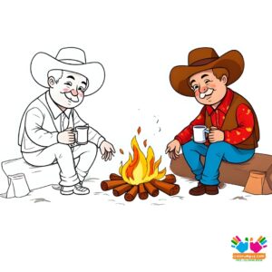 Cowboy sitting by a campfire with a coffee pot.