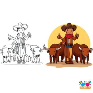 Cowboy surrounded by a herd of longhorns.