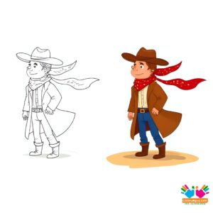 Cowboy with a long coat and bandana blowing in the wind.