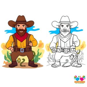 Cowboy with a rattlesnake in the background.