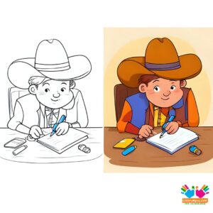 Cowboy writing a letter at a rustic desk.