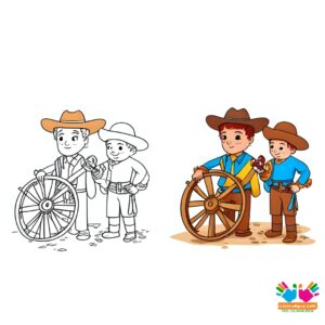 Cowboys fixing a broken wagon wheel.