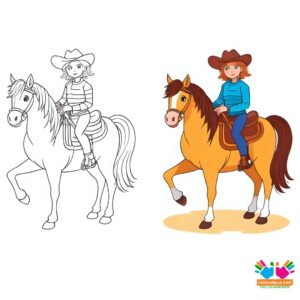 Cowgirl teaching a child to ride a pony.