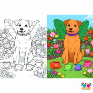 Dogs having a tea party in a backyard garden.