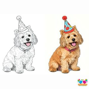 Dogs wearing party hats at a “Dog Day” celebration.