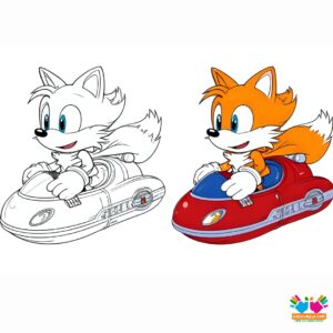 Tails driving a futuristic hovercar.