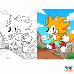 Tails flying over a cityscape.