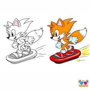 Tails on a hoverboard zooming through the air.