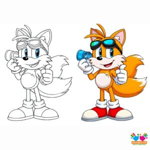 Tails wearing safety goggles and fixing a gadget.